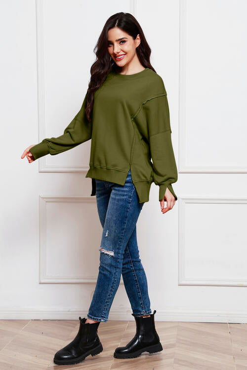 Exposed Seam Long Sleeve Slit Sweatshirt