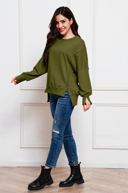 Exposed Seam Long Sleeve Slit Sweatshirt