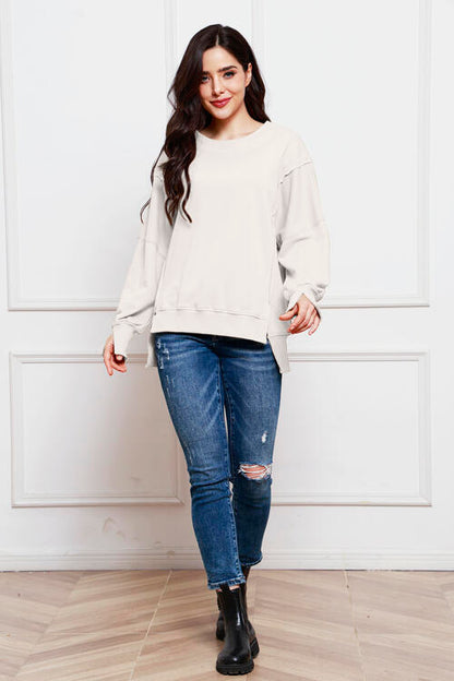Exposed Seam Long Sleeve Slit Sweatshirt