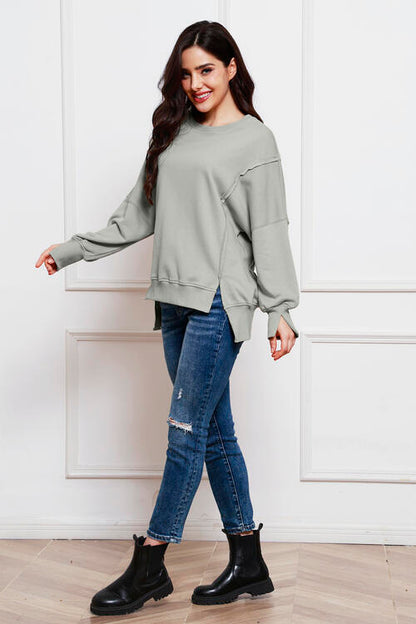 Exposed Seam Long Sleeve Slit Sweatshirt