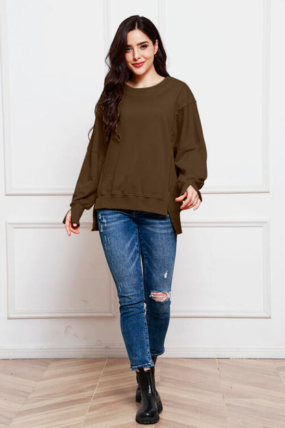 Exposed Seam Long Sleeve Slit Sweatshirt