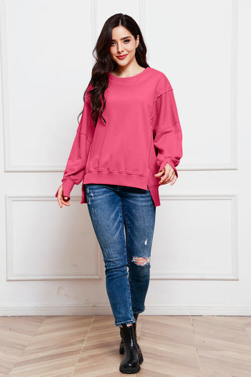 Exposed Seam Long Sleeve Slit Sweatshirt