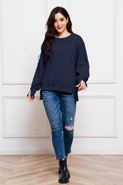 Exposed Seam Long Sleeve Slit Sweatshirt