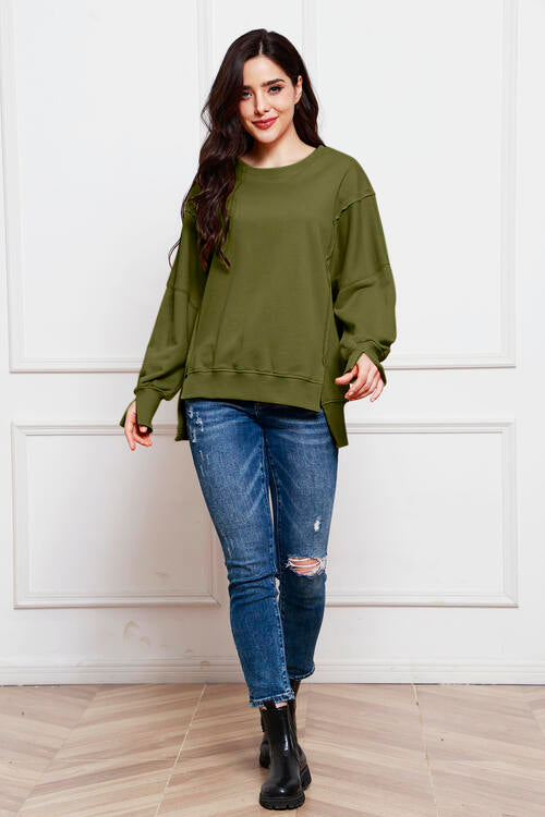 Exposed Seam Long Sleeve Slit Sweatshirt
