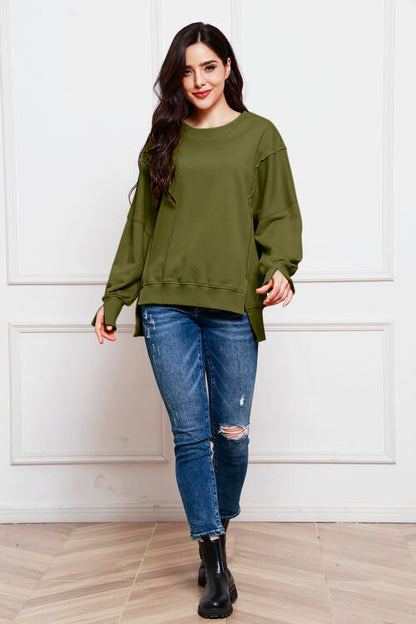 Exposed Seam Long Sleeve Slit Sweatshirt