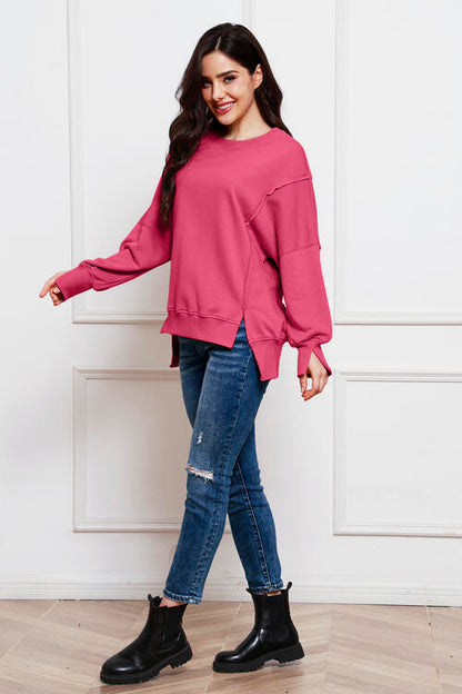 Exposed Seam Long Sleeve Slit Sweatshirt