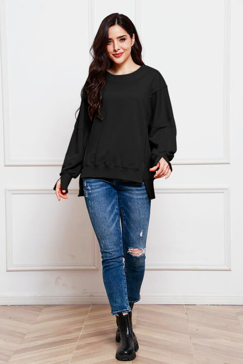 Exposed Seam Long Sleeve Slit Sweatshirt